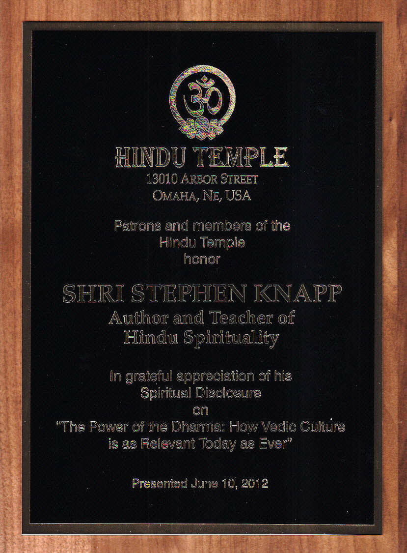 Plaque of Appreciation from the Hindu Temple, Omaha